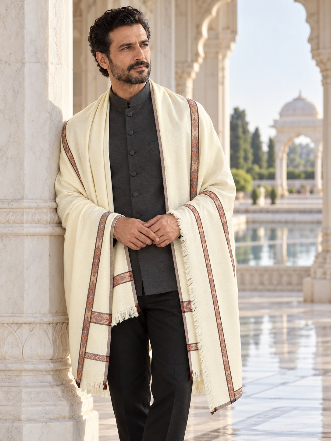 Weavers Villa MS-KINAURI-WHITE men's shawl styled on a premium model in a royal setting, view 1.
