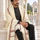 Weavers Villa MS-KINAURI-WHITE men's shawl styled on a premium model in a royal setting, view 2.