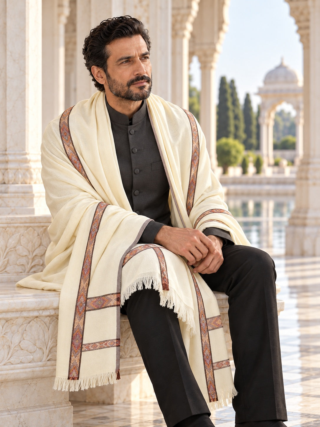 Weavers Villa MS-KINAURI-WHITE men's shawl styled on a premium model in a royal setting, view 2.