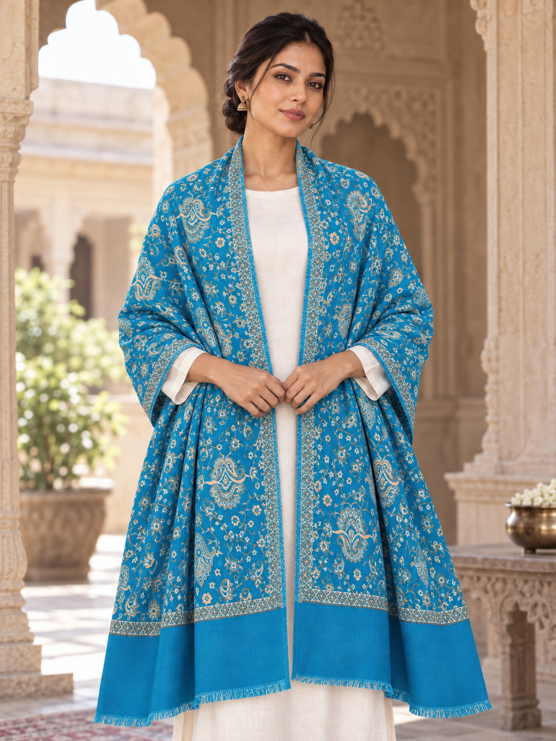Ferozi blue patterned shawl in an elegant open shoulder drape on a female model in an Indian heritage haveli