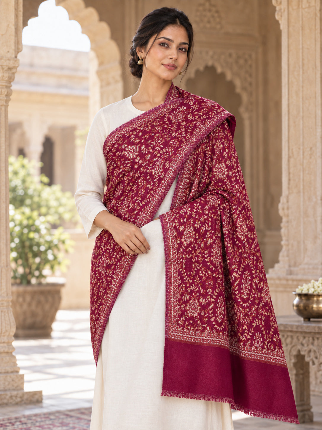 MAROON patterned shawl in an elegant one-shoulder drape on a female model in an Indian heritage haveli