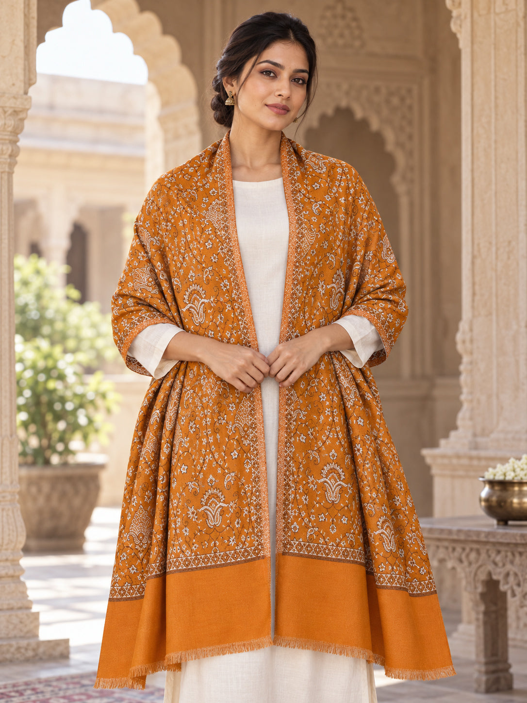 Mustard patterned shawl in an elegant open shoulder drape on a female model in a heritage haveli