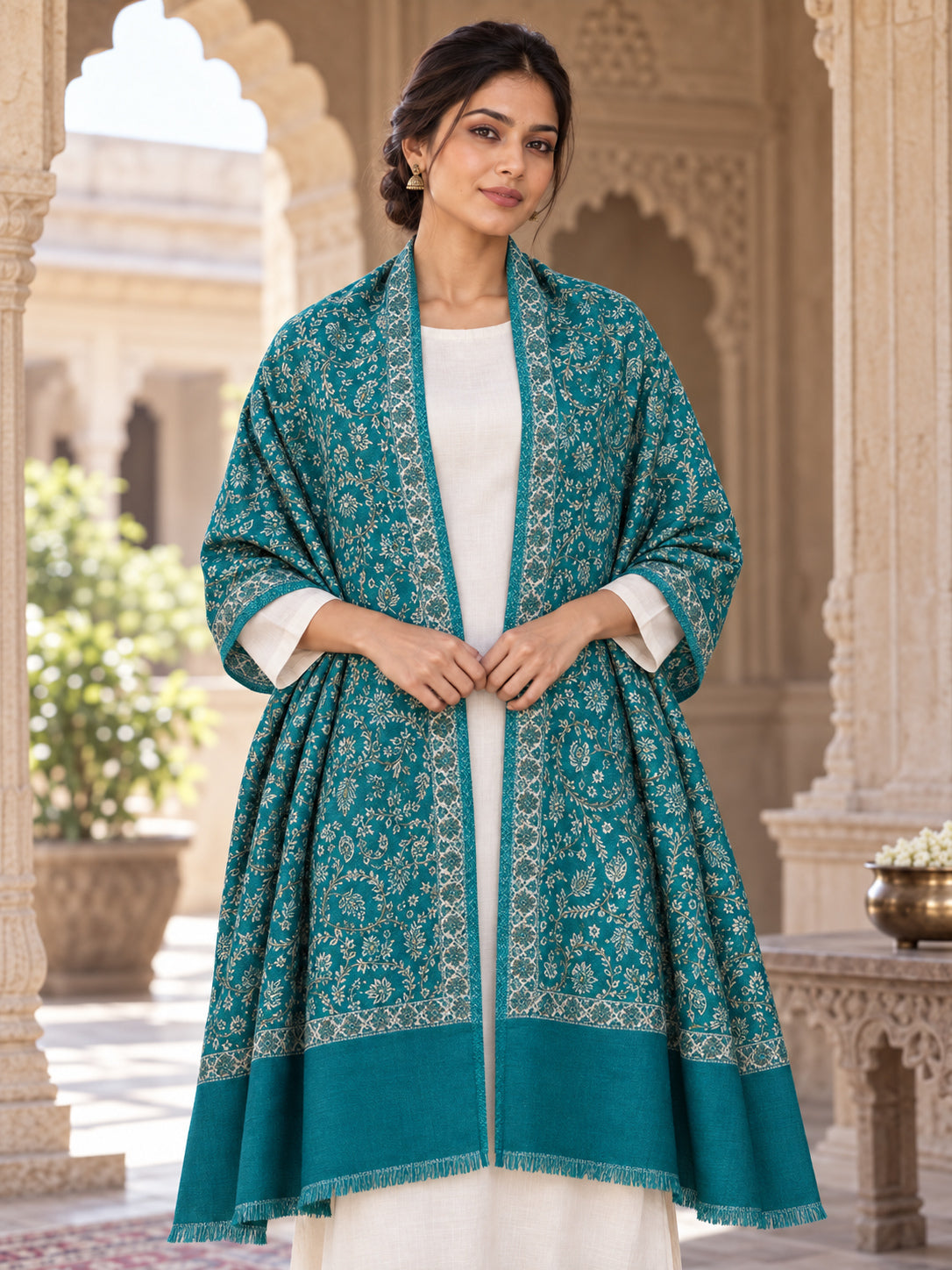 Green patterned shawl in an elegant open shoulder drape on a female model in an Indian heritage haveli