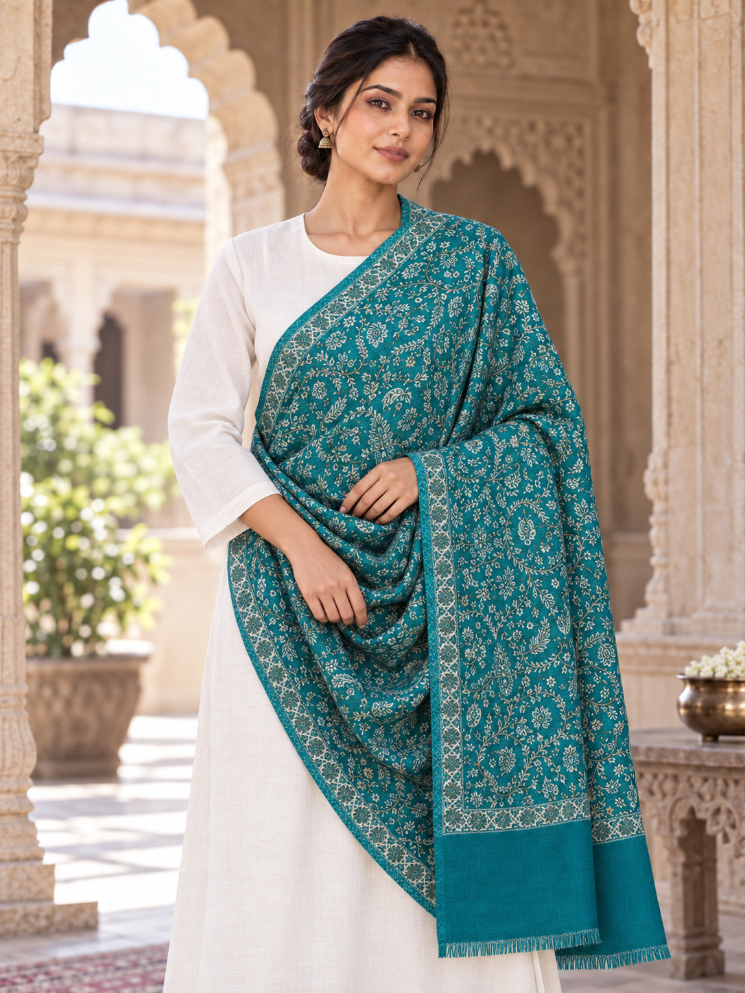 Green patterned shawl in an elegant one-shoulder drape on a female model in an Indian heritage haveli