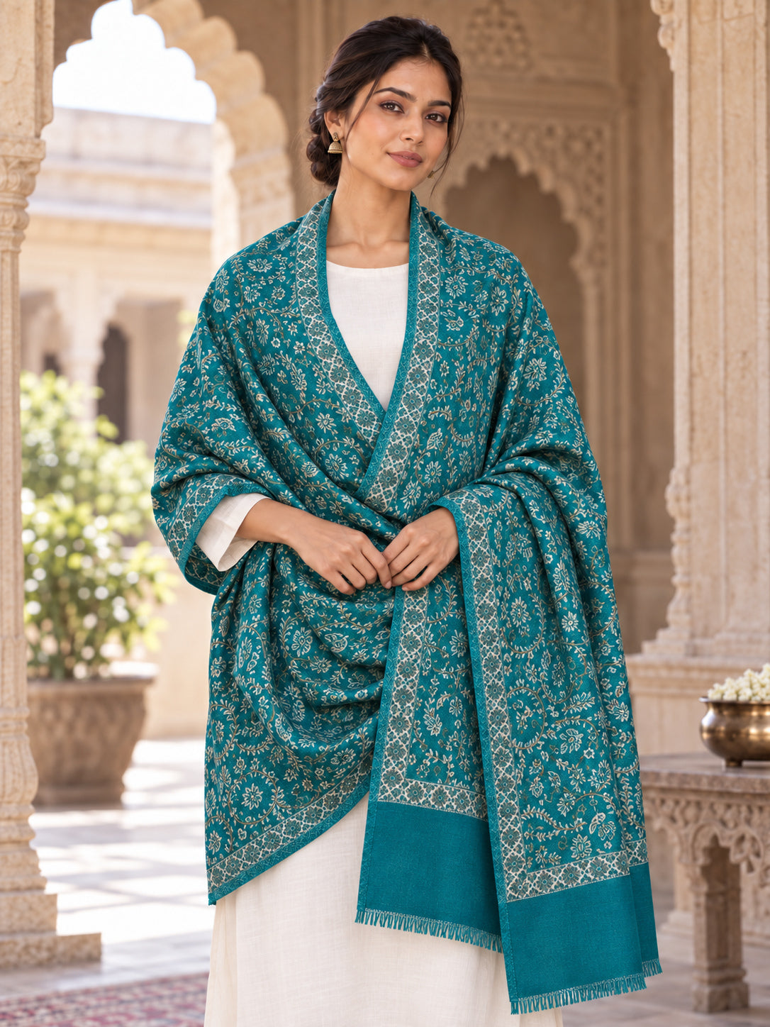 Green patterned shawl in an elegant front crossed wrap on a female model in an Indian heritage haveli