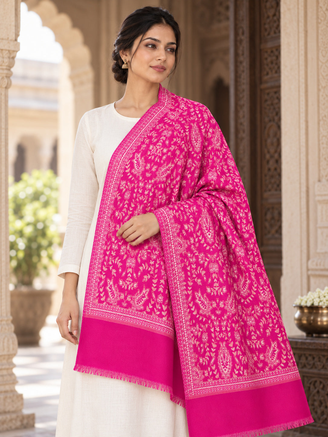 Rani pink patterned shawl in an elegant one-shoulder drape on a female model in an Indian heritage haveli