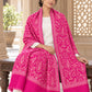 Rani pink patterned shawl in an elegant seated wrap on a female model in an Indian heritage haveli