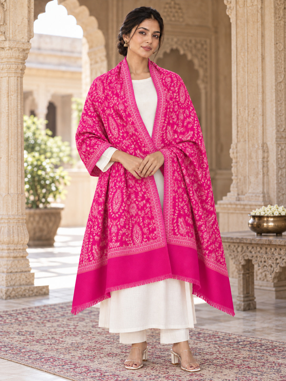 Rani pink patterned shawl in an elegant front crossed wrap on a female model in an Indian heritage haveli