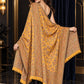MUSTARD Kani shawl — luxury model styling 1 with detailed floral weave and paisley borders | SH-401-MUSTARD-1