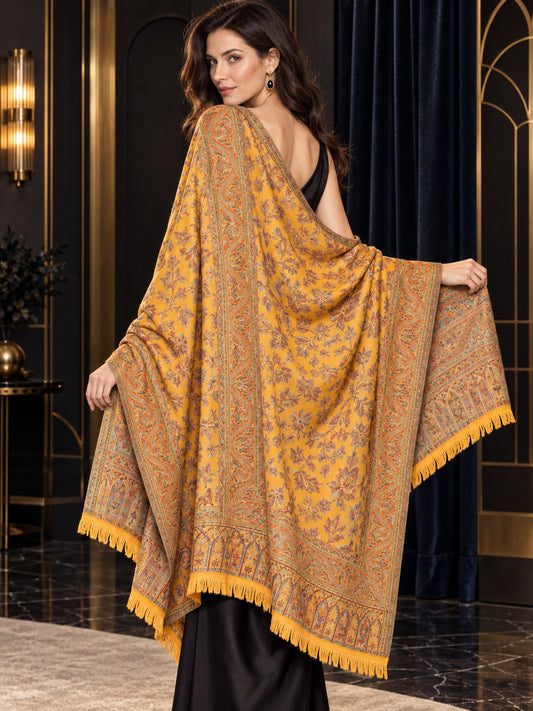 MUSTARD Kani shawl — luxury model styling 1 with detailed floral weave and paisley borders | SH-401-MUSTARD-1