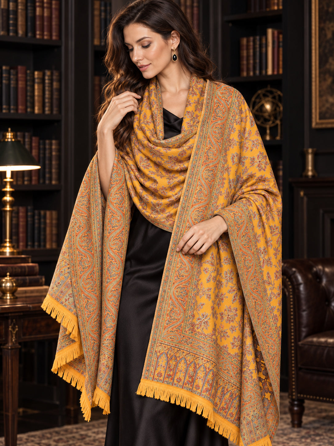 MUSTARD Kani shawl — luxury model styling 2 with detailed floral weave and paisley borders | SH-401-MUSTARD-2