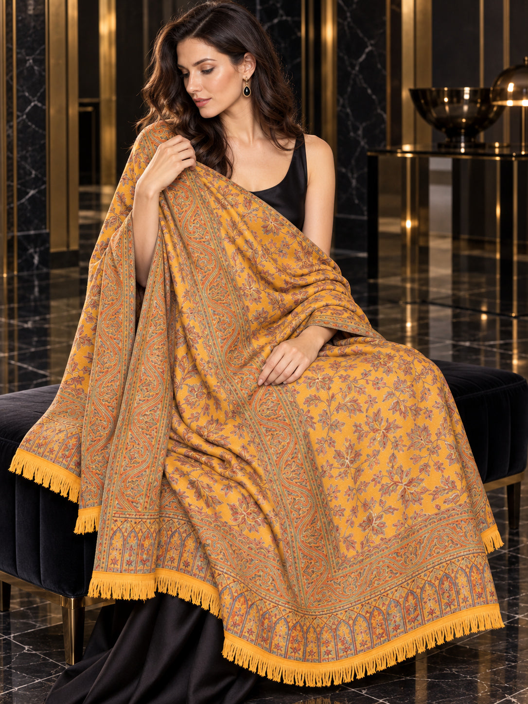 MUSTARD Kani shawl — luxury model styling 3 with detailed floral weave and paisley borders | SH-401-MUSTARD-3