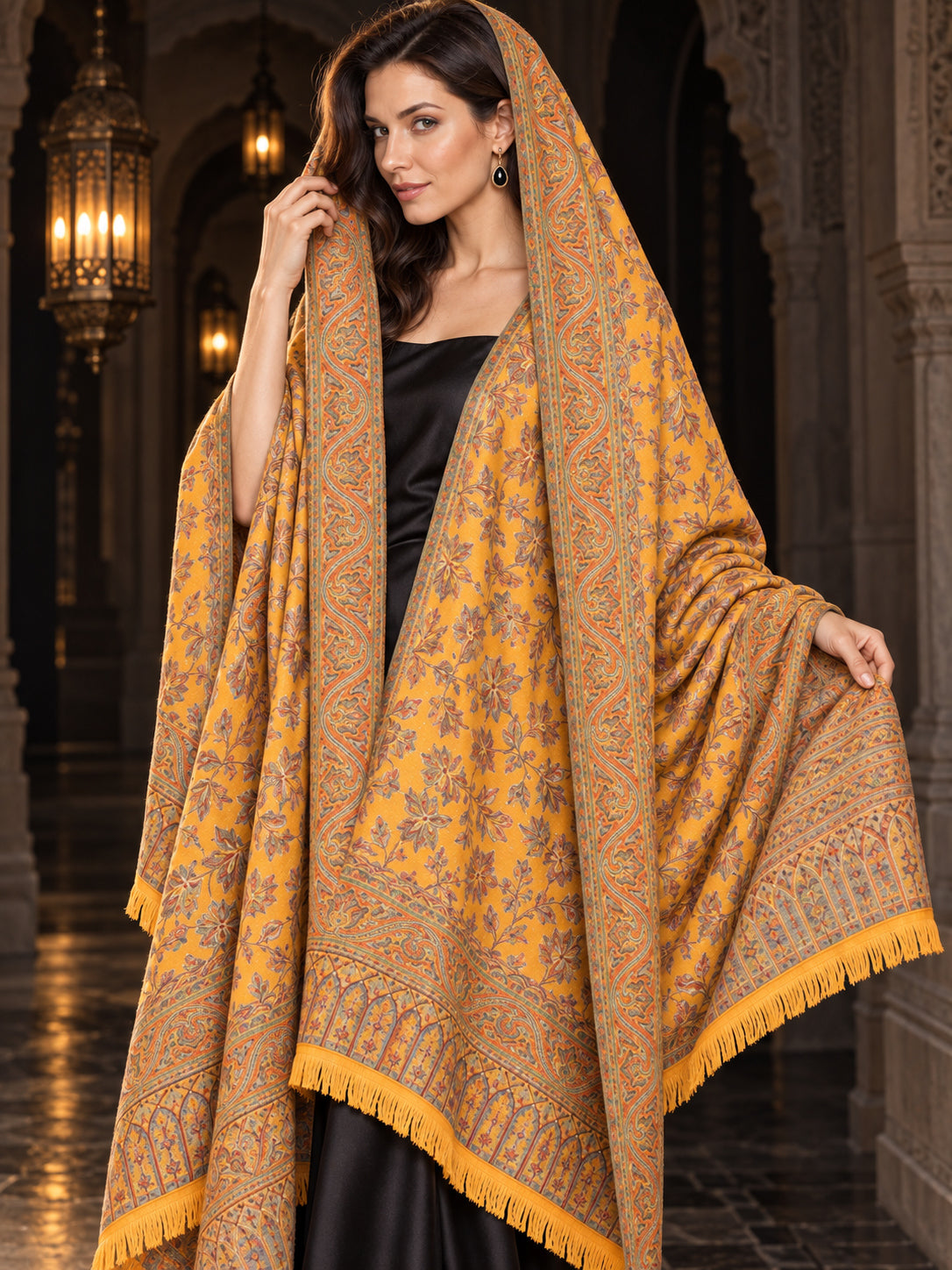 MUSTARD Kani shawl — luxury model styling 4 with detailed floral weave and paisley borders | SH-401-MUSTARD-4