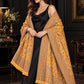 MUSTARD Kani shawl — luxury model styling 5 with detailed floral weave and paisley borders | SH-401-MUSTARD-5