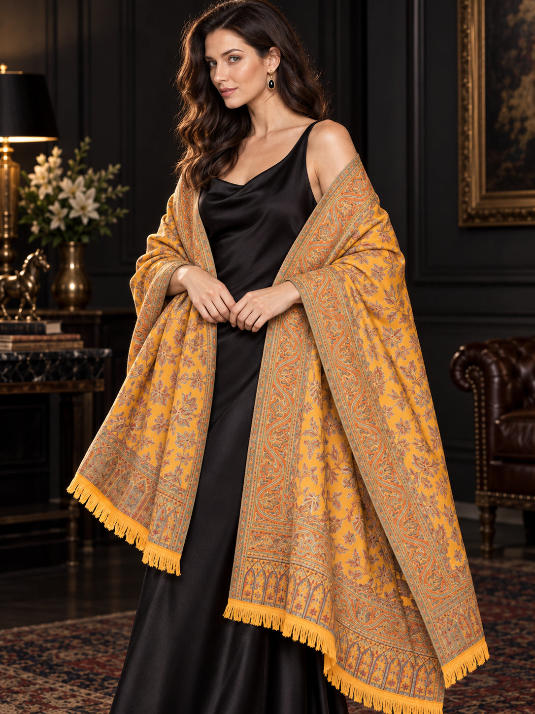 MUSTARD Kani shawl — luxury model styling 5 with detailed floral weave and paisley borders | SH-401-MUSTARD-5