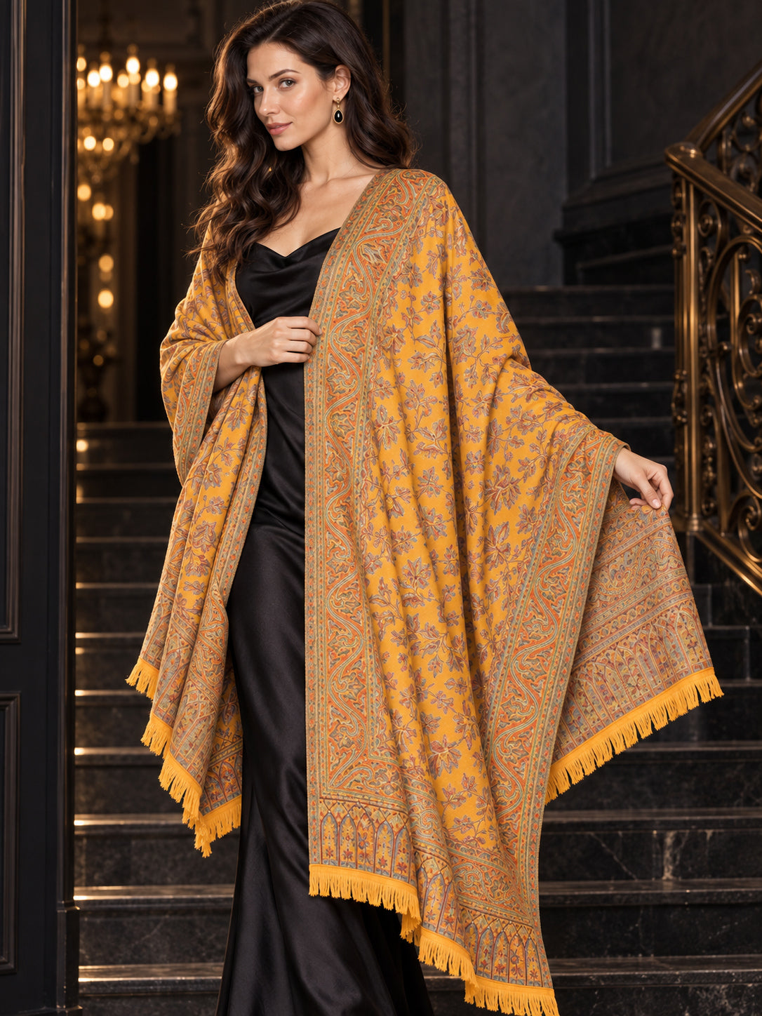 MUSTARD Kani shawl — luxury model styling 6 with detailed floral weave and paisley borders | SH-401-MUSTARD-6