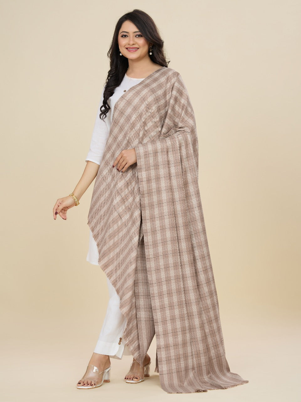 Woman wearing a checkered saree with a plain background
