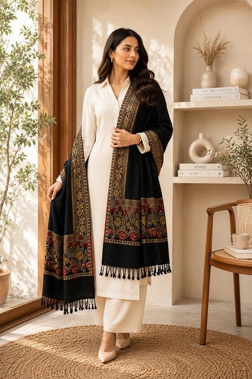 Women Jacquard Pashmina Feel Stole | Floral Border Design | Soft Winter Shawl with Tassels | College wear stoles, Travel wrap for Girls/Ladies