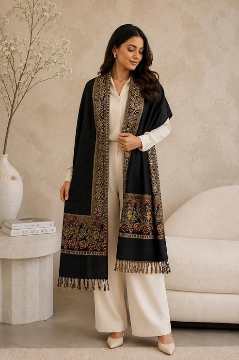 Women Jacquard Pashmina Feel Stole | Floral Border Design | Soft Winter Shawl with Tassels | College wear stoles, Travel wrap for Girls/Ladies