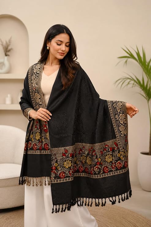 Women Jacquard Pashmina Feel Stole | Floral Border Design | Soft Winter Shawl with Tassels | College wear stoles, Travel wrap for Girls/Ladies
