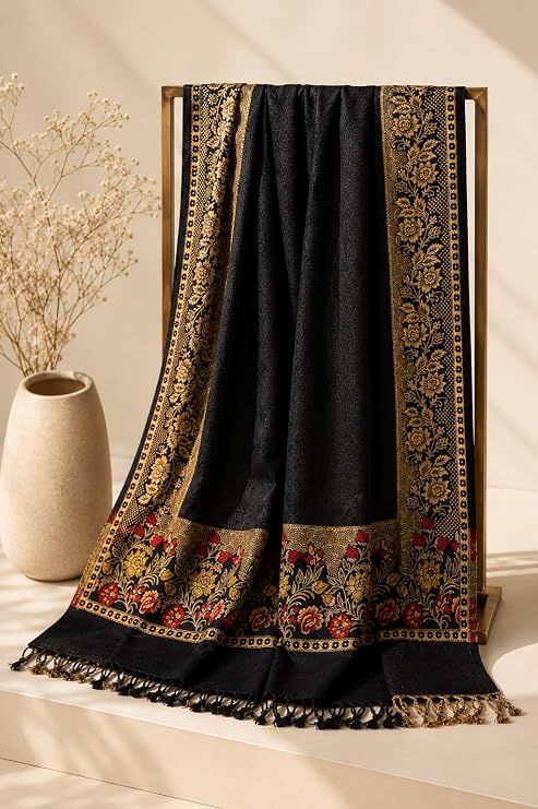 Women Jacquard Pashmina Feel Stole | Floral Border Design | Soft Winter Shawl with Tassels | College wear stoles, Travel wrap for Girls/Ladies