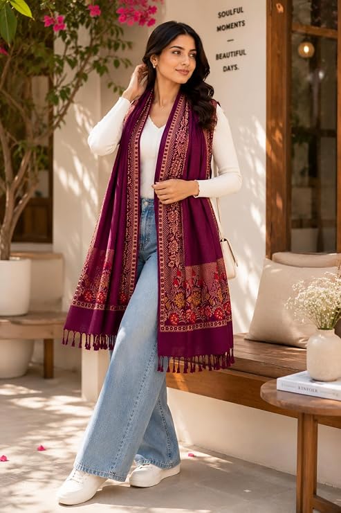 Women Jacquard Pashmina Feel Stole | Floral Border Design | Soft Winter Shawl with Tassels | College wear stoles, Travel wrap for Girls/Ladies