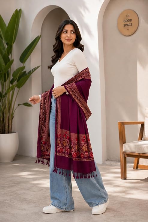 Women Jacquard Pashmina Feel Stole | Floral Border Design | Soft Winter Shawl with Tassels | College wear stoles, Travel wrap for Girls/Ladies