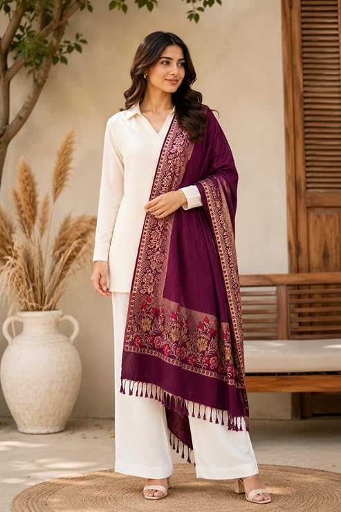 Women Jacquard Pashmina Feel Stole | Floral Border Design | Soft Winter Shawl with Tassels | College wear stoles, Travel wrap for Girls/Ladies
