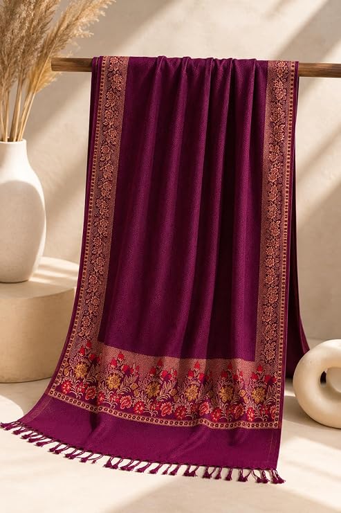 Women Jacquard Pashmina Feel Stole | Floral Border Design | Soft Winter Shawl with Tassels | College wear stoles, Travel wrap for Girls/Ladies