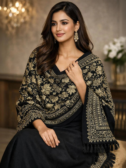 Women Jacquard Pashmina Feel Stole | Floral Border Design | Soft Winter Shawl with Tassels | College wear stoles, Travel wrap for Girls/Ladies