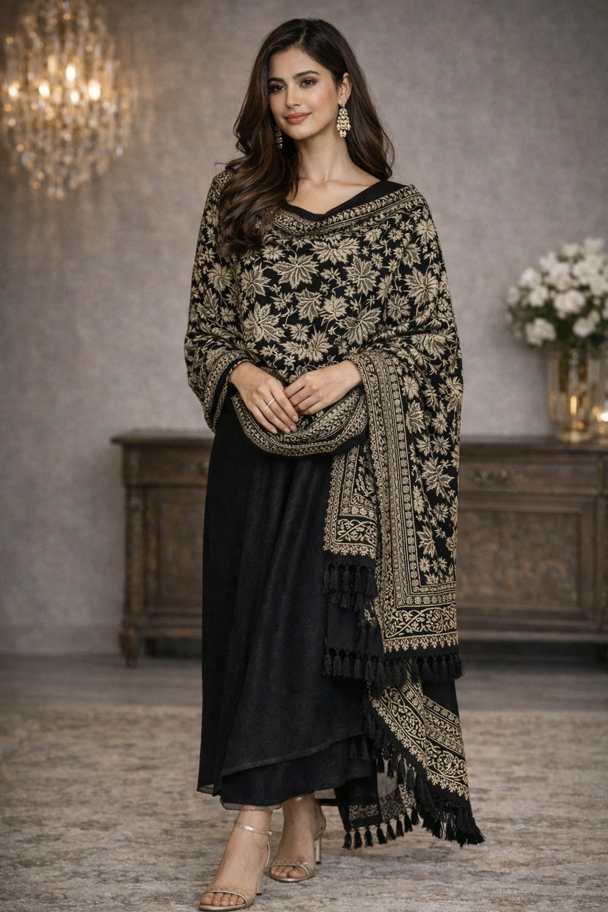 Women Jacquard Pashmina Feel Stole | Floral Border Design | Soft Winter Shawl with Tassels | College wear stoles, Travel wrap for Girls/Ladies