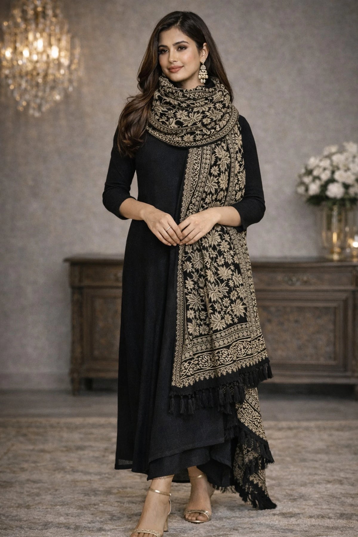 Women Jacquard Pashmina Feel Stole | Floral Border Design | Soft Winter Shawl with Tassels | College wear stoles, Travel wrap for Girls/Ladies