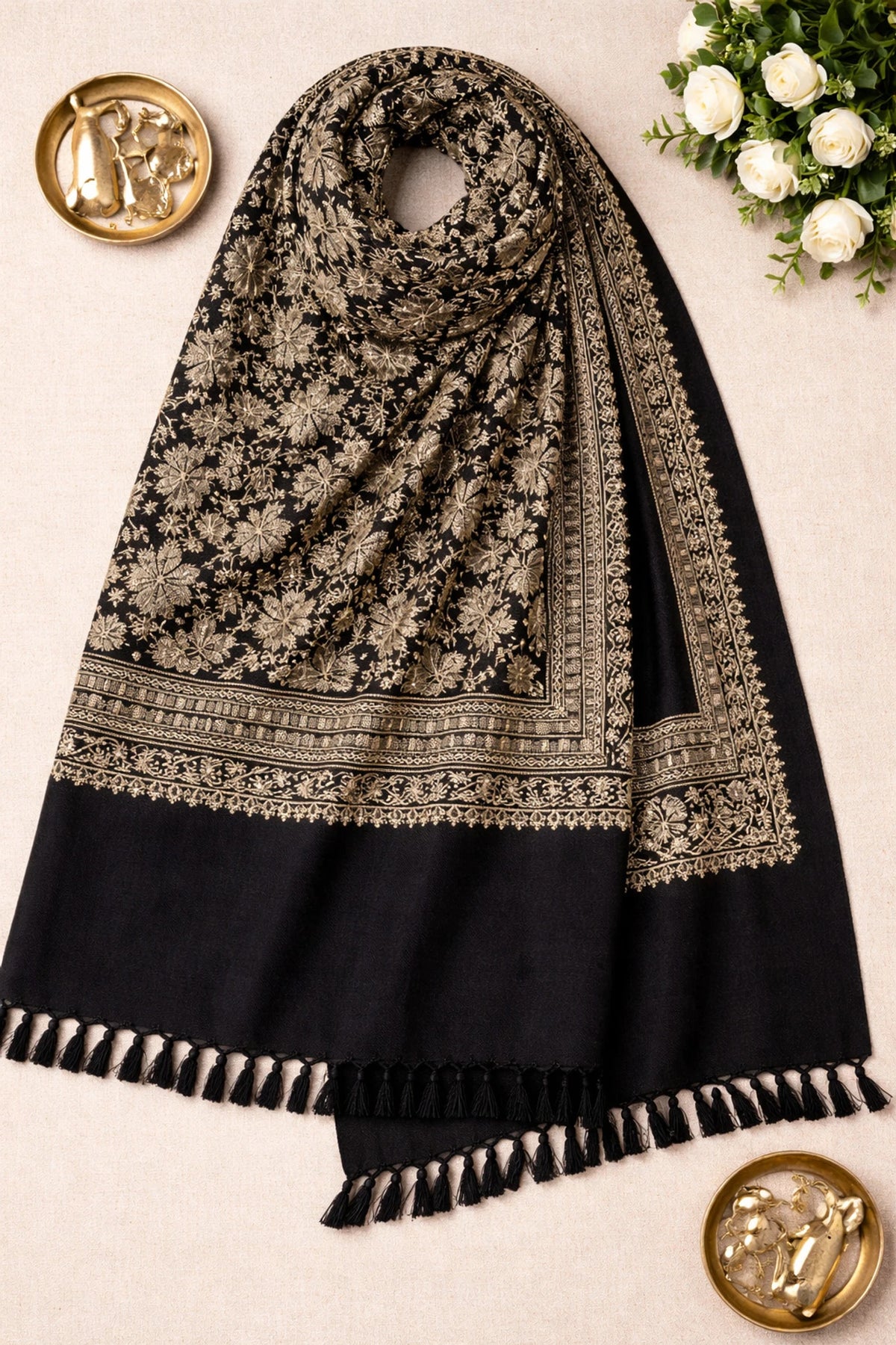 Women Jacquard Pashmina Feel Stole | Floral Border Design | Soft Winter Shawl with Tassels | College wear stoles, Travel wrap for Girls/Ladies