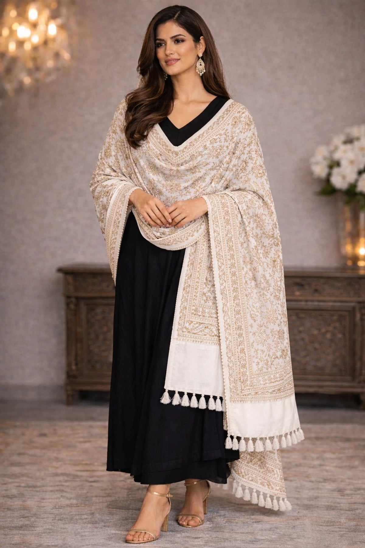 Women Jacquard Pashmina Feel Stole | Floral Border Design | Soft Winter Shawl with Tassels | College wear stoles, Travel wrap for Girls/Ladies