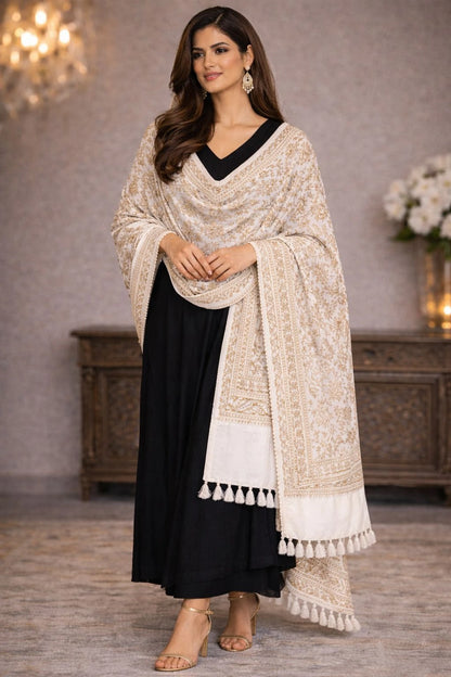 Women Jacquard Pashmina Feel Stole | Floral Border Design | Soft Winter Shawl with Tassels | College wear stoles, Travel wrap for Girls/Ladies