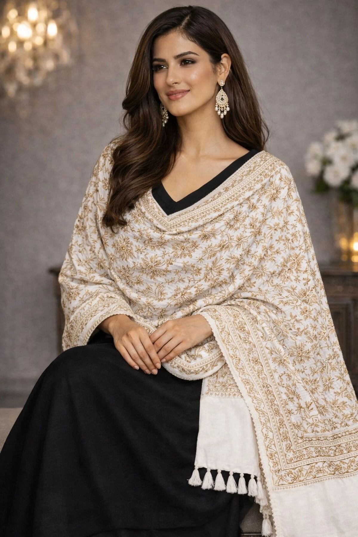 Women Jacquard Pashmina Feel Stole | Floral Border Design | Soft Winter Shawl with Tassels | College wear stoles, Travel wrap for Girls/Ladies