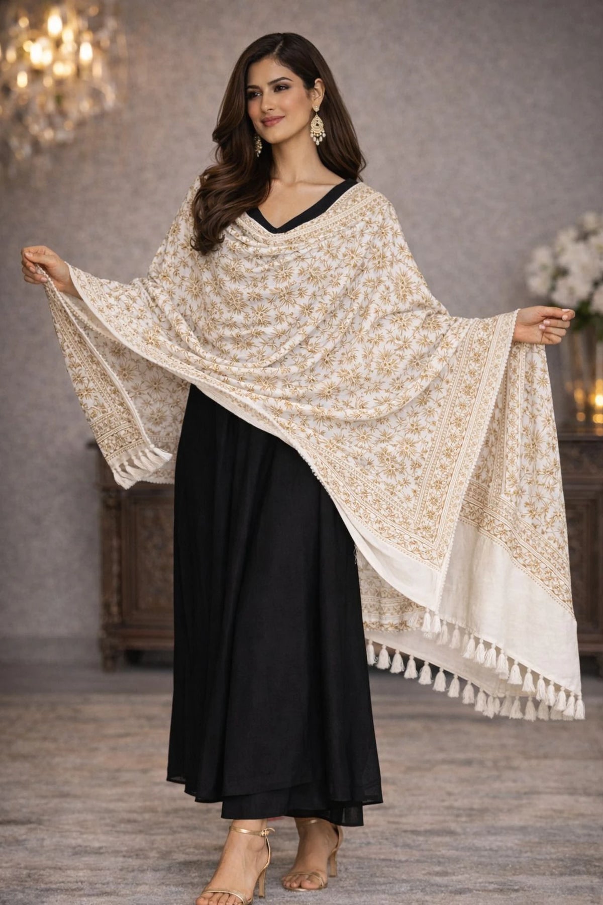 Women Jacquard Pashmina Feel Stole | Floral Border Design | Soft Winter Shawl with Tassels | College wear stoles, Travel wrap for Girls/Ladies