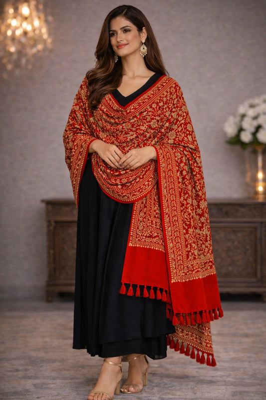 Women Jacquard Pashmina Feel Stole | Floral Border Design | Soft Winter Shawl with Tassels | College wear stoles, Travel wrap for Girls/Ladies