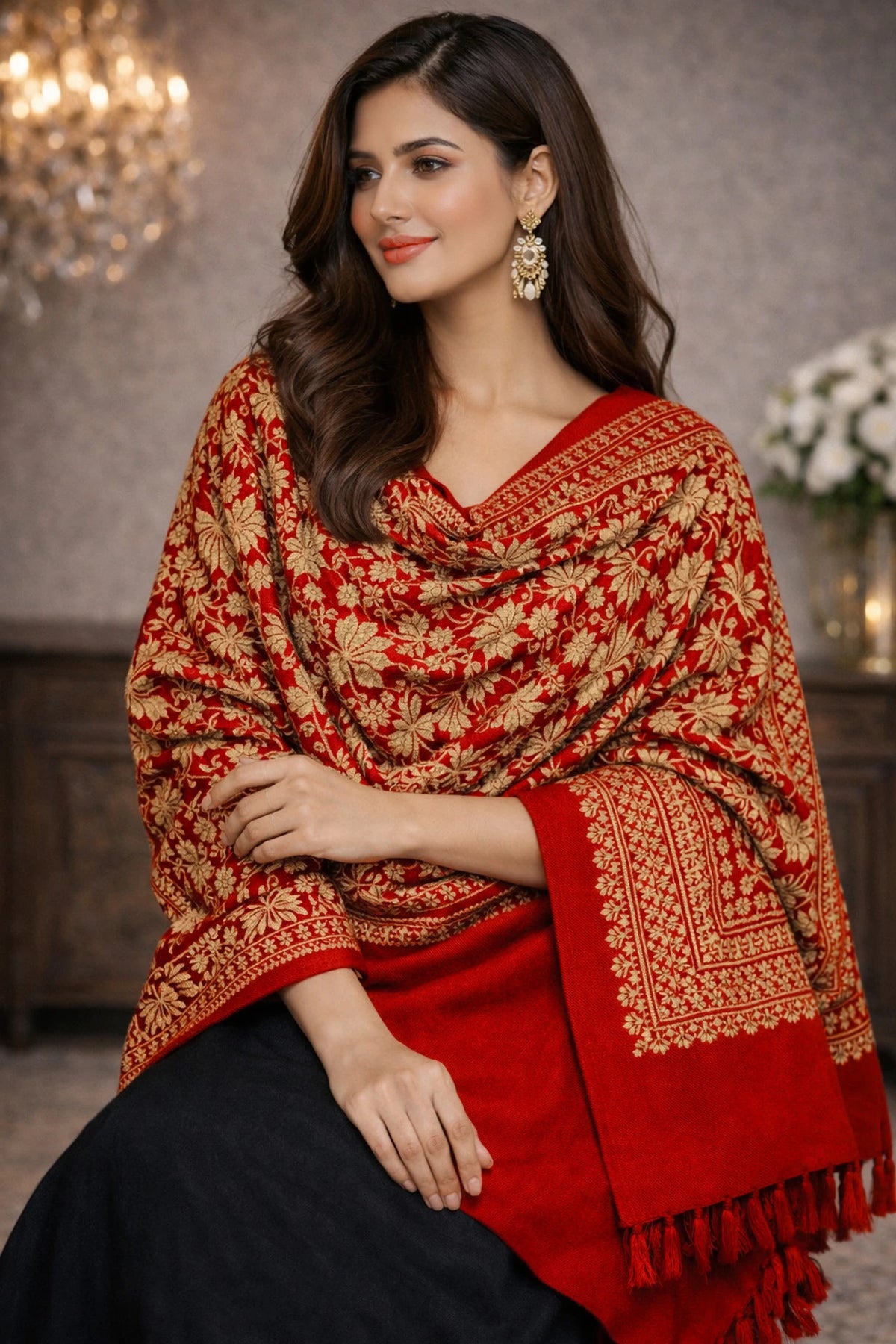 Women Jacquard Pashmina Feel Stole | Floral Border Design | Soft Winter Shawl with Tassels | College wear stoles, Travel wrap for Girls/Ladies