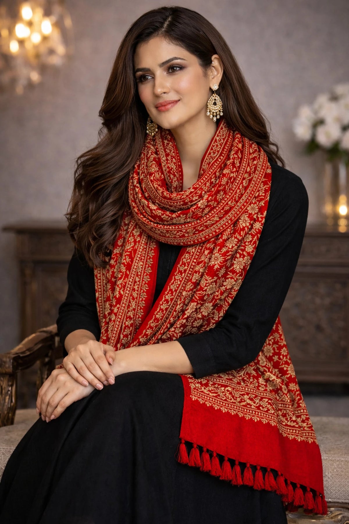 Women Jacquard Pashmina Feel Stole | Floral Border Design | Soft Winter Shawl with Tassels | College wear stoles, Travel wrap for Girls/Ladies