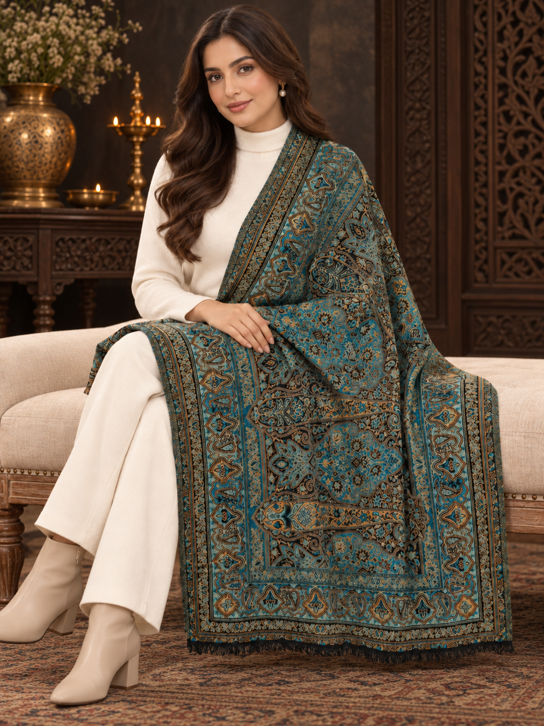 Weavers Villa Ornate Paisley Woven Stole with Elegant Border For Women Soft & Cozy, Lightweight Warmth, Versatile Festive Styling, Reversible Shawl, Viscose Shawl