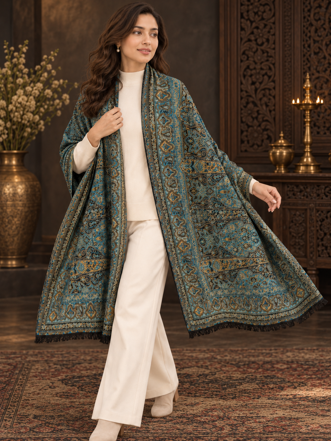 Weavers Villa Ornate Paisley Woven Stole with Elegant Border For Women Soft & Cozy, Lightweight Warmth, Versatile Festive Styling, Reversible Shawl, Viscose Shawl