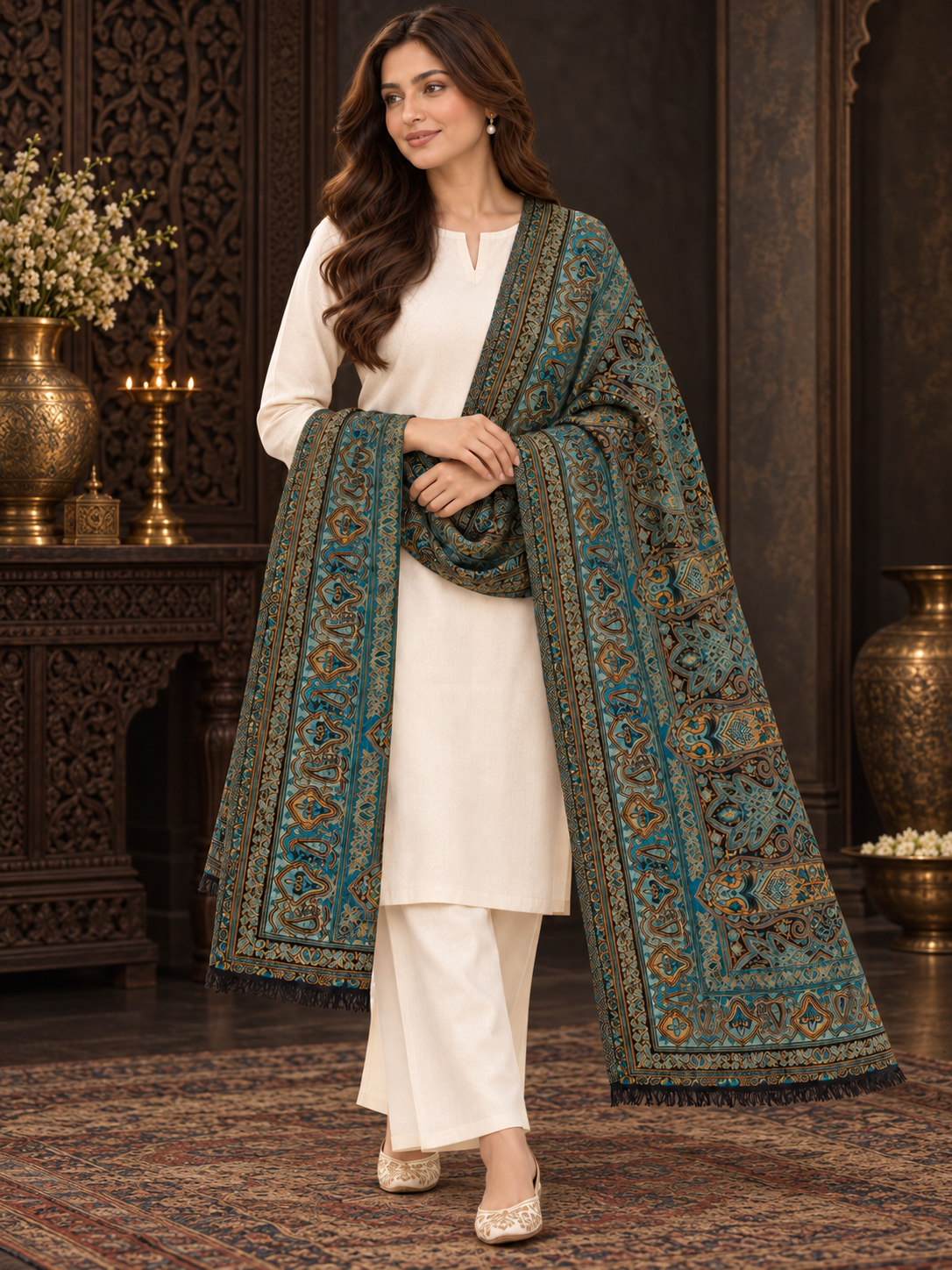 Weavers Villa Ornate Paisley Woven Stole with Elegant Border For Women Soft & Cozy, Lightweight Warmth, Versatile Festive Styling, Reversible Shawl, Viscose Shawl