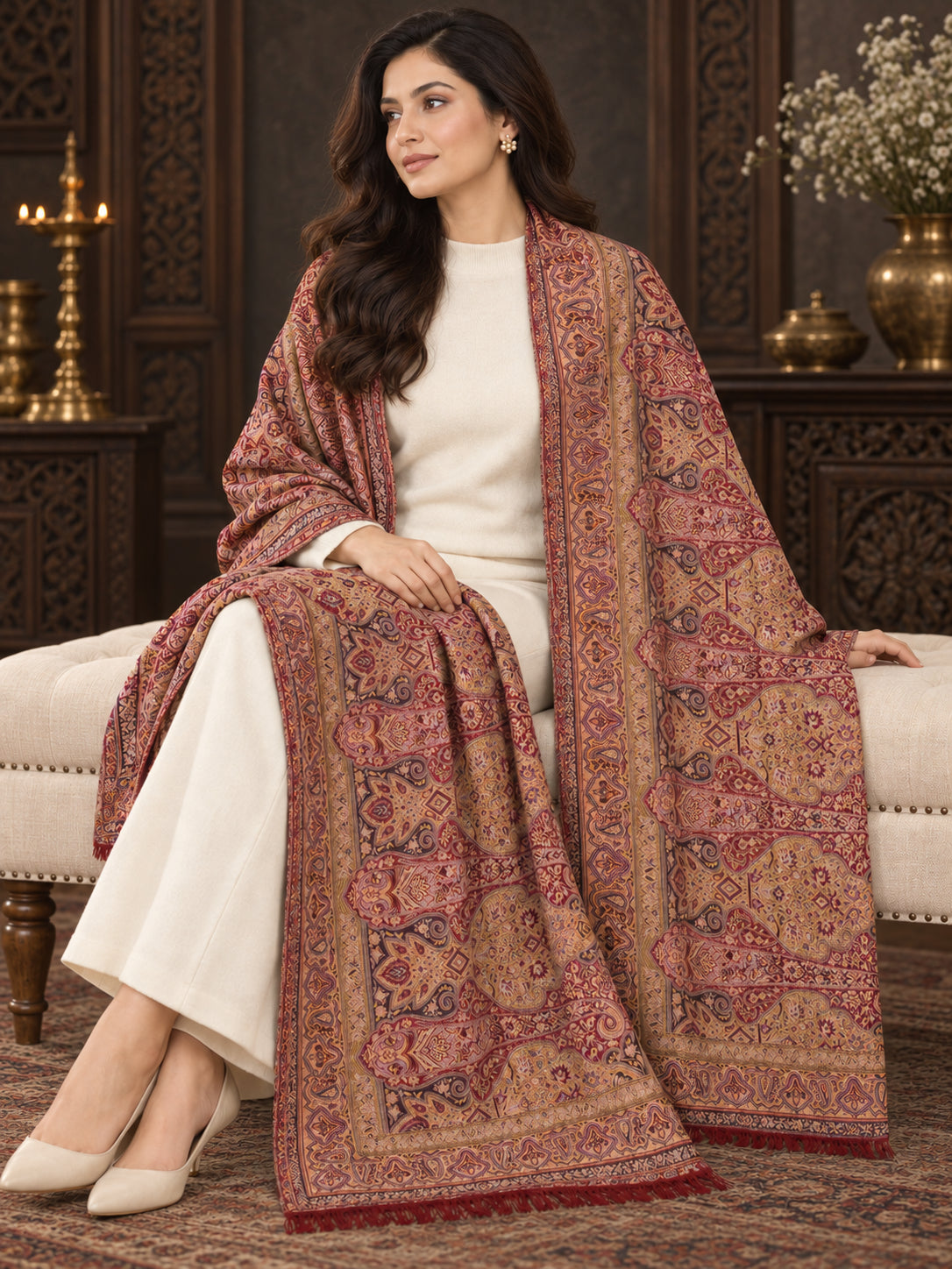 Weavers Villa Ornate Paisley Woven Stole with Elegant Border For Women Soft & Cozy, Lightweight Warmth, Versatile Festive Styling, Reversible Shawl, Viscose Shawl