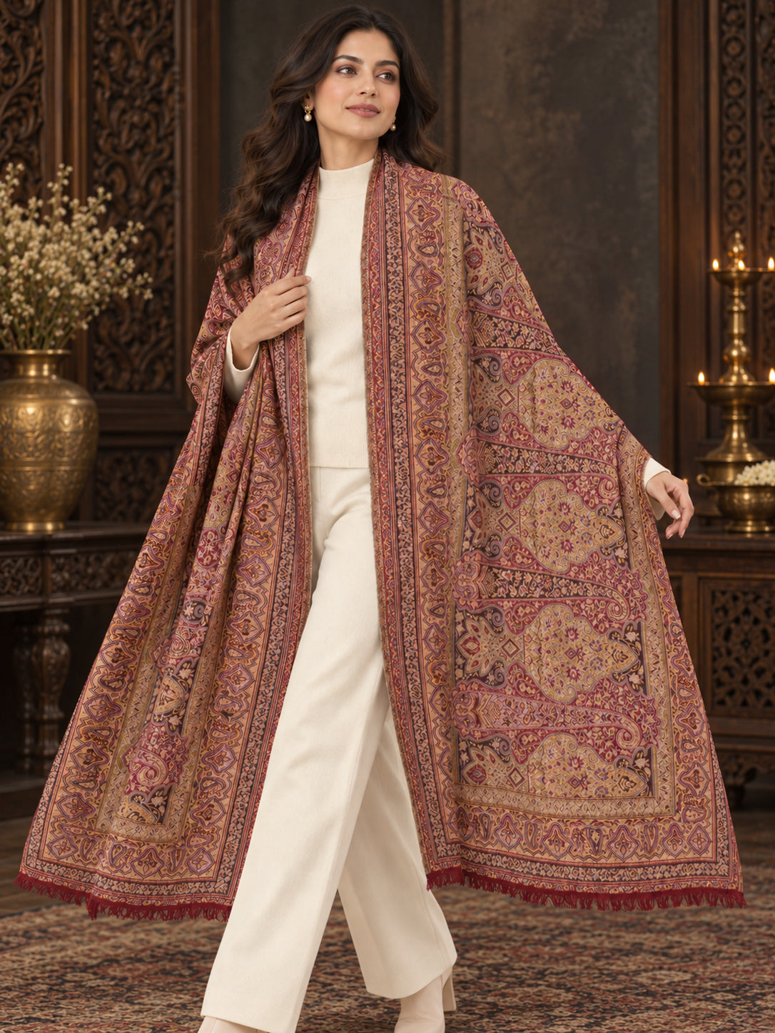 Weavers Villa Ornate Paisley Woven Stole with Elegant Border For Women Soft & Cozy, Lightweight Warmth, Versatile Festive Styling, Reversible Shawl, Viscose Shawl