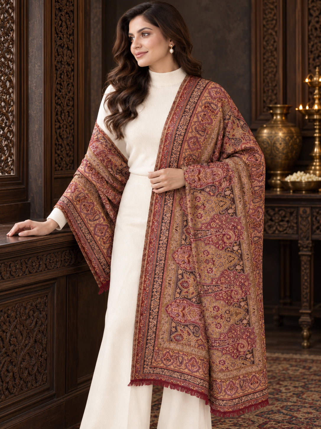 Weavers Villa Ornate Paisley Woven Stole with Elegant Border For Women Soft & Cozy, Lightweight Warmth, Versatile Festive Styling, Reversible Shawl, Viscose Shawl