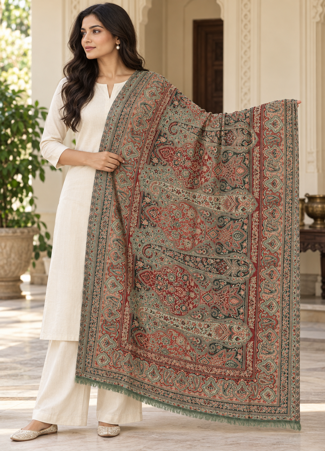 Weavers Villa Ornate Paisley Woven Stole with Elegant Border For Women Soft & Cozy, Lightweight Warmth, Versatile Festive Styling, Reversible Shawl, Viscose Shawl