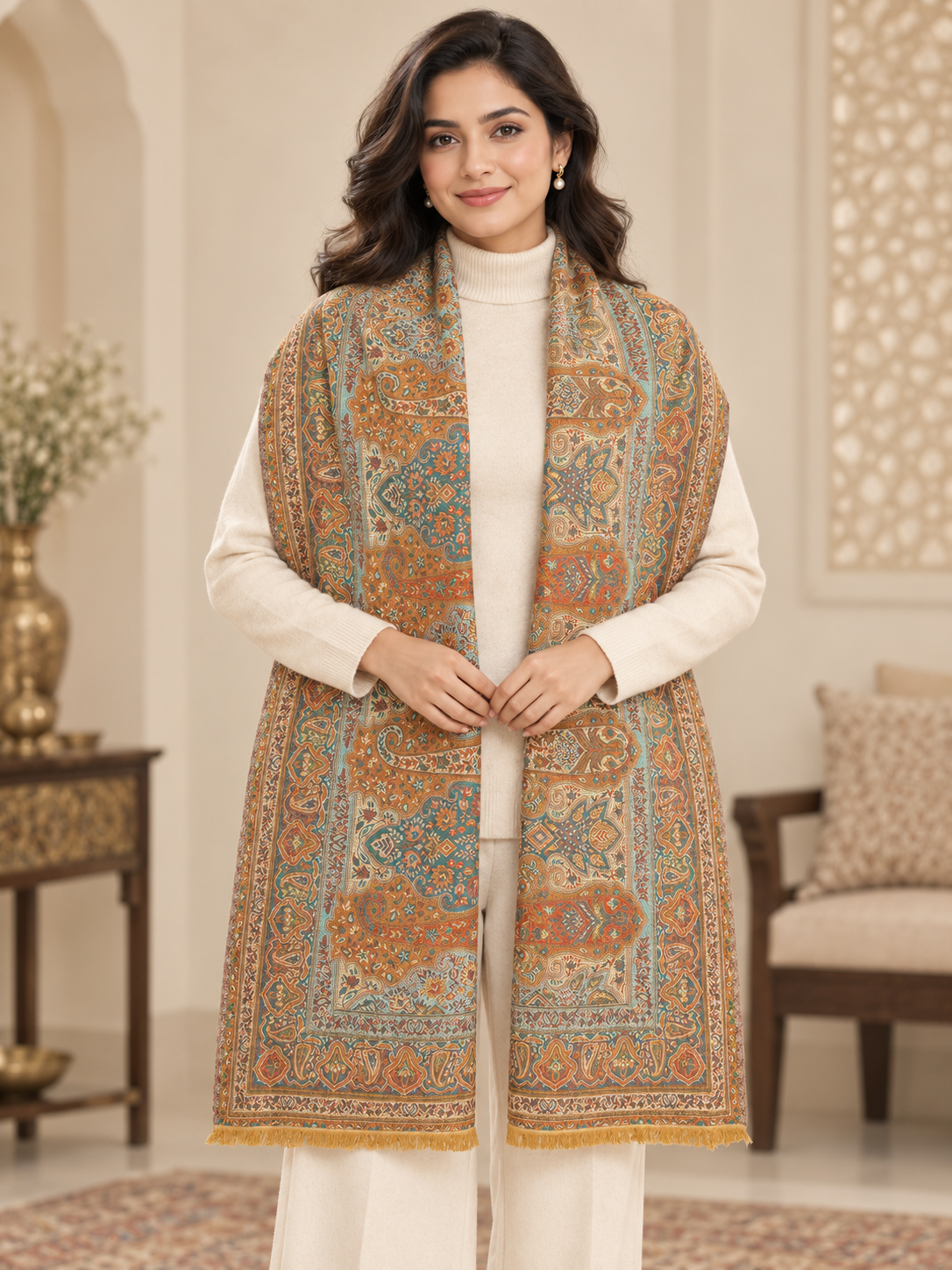 Weavers Villa Ornate Paisley Woven Stole with Elegant Border For Women Soft & Cozy, Lightweight Warmth, Versatile Festive Styling, Reversible Shawl, Viscose Shawl