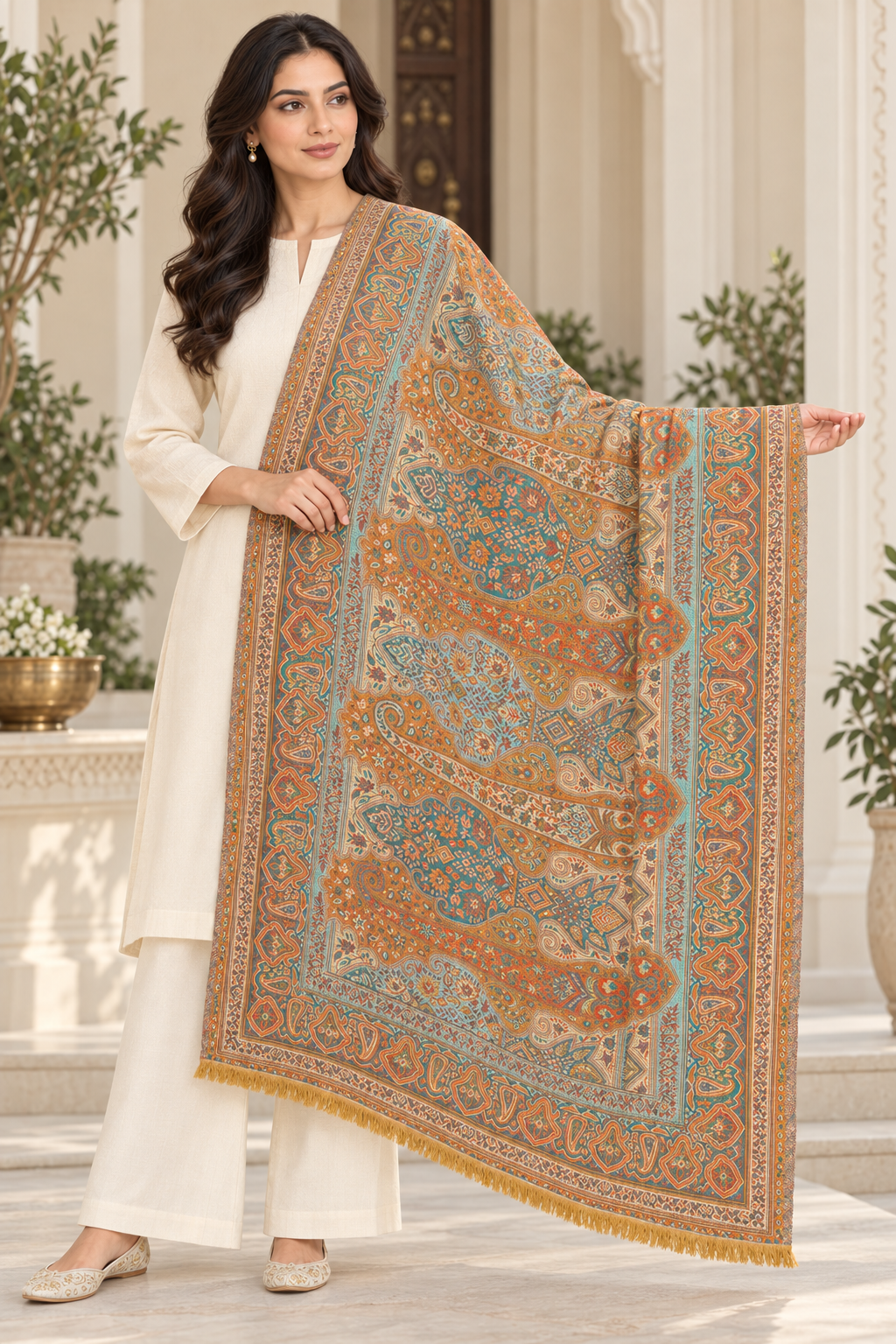 Weavers Villa Ornate Paisley Woven Stole with Elegant Border For Women Soft & Cozy, Lightweight Warmth, Versatile Festive Styling, Reversible Shawl, Viscose Shawl