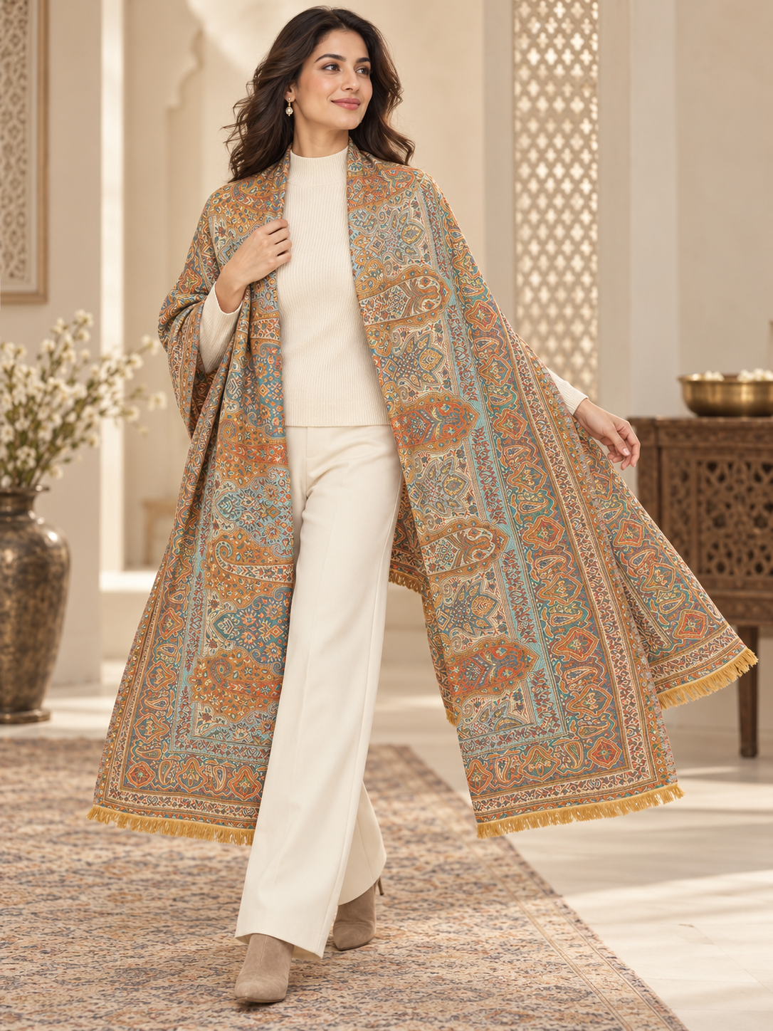 Weavers Villa Ornate Paisley Woven Stole with Elegant Border For Women Soft & Cozy, Lightweight Warmth, Versatile Festive Styling, Reversible Shawl, Viscose Shawl